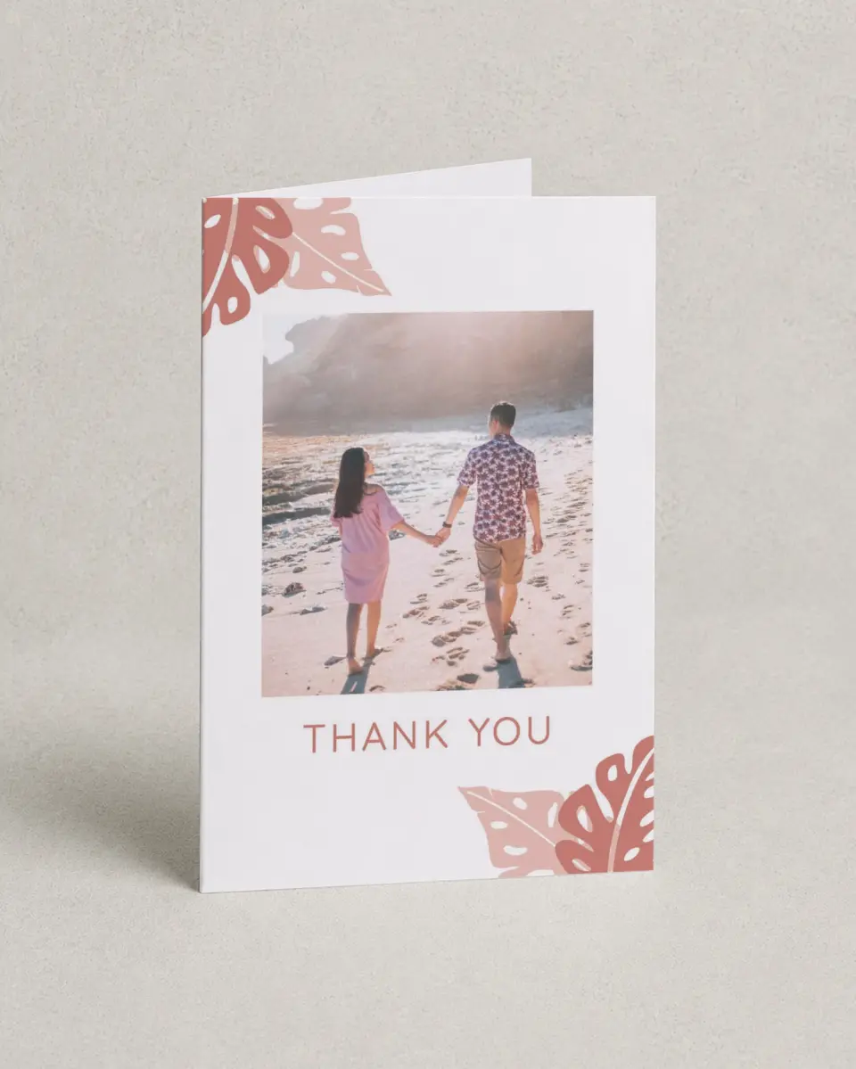 This is a 4" x 6" Folded Thank You Card called Tropical Palms printed in full color with Silver foil on Luxe Satin (coated) paper