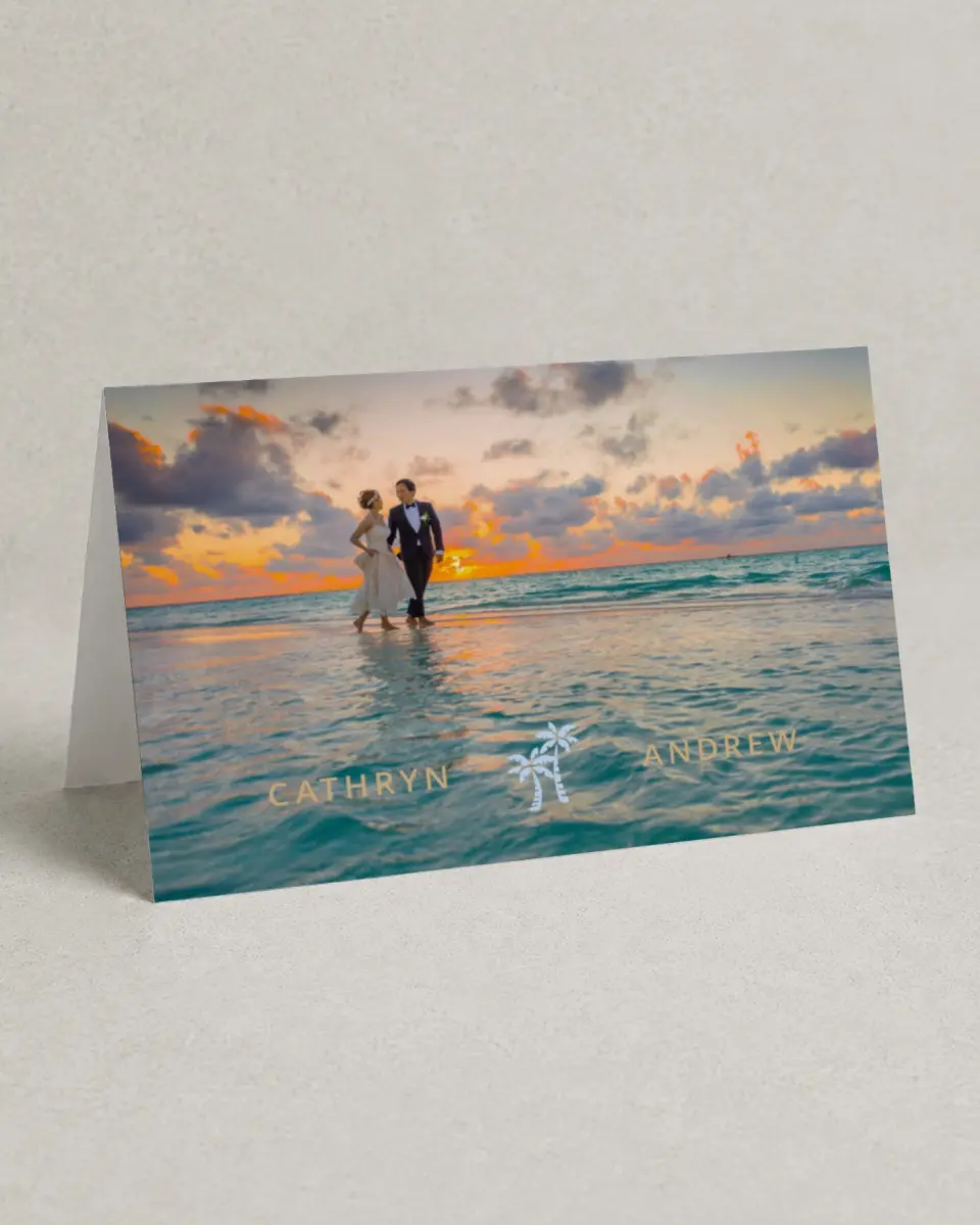 This is a 4" x 6" Folded Thank You Card called Stamped Palms printed in full color on Premium Smooth paper