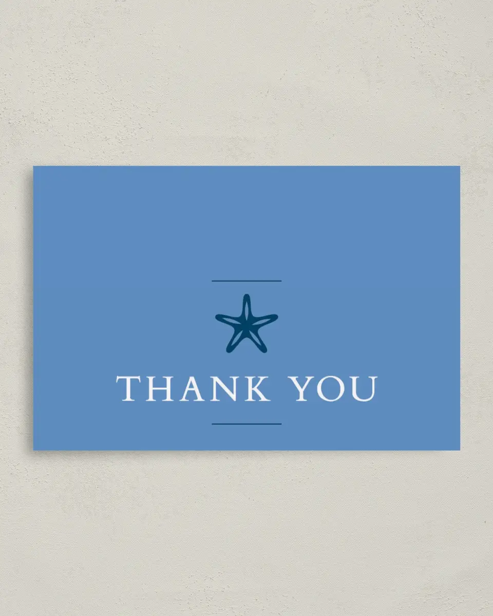 This is a 4" x 6" Folded Thank You Card called Beachcomber printed in full color on Premium Smooth paper