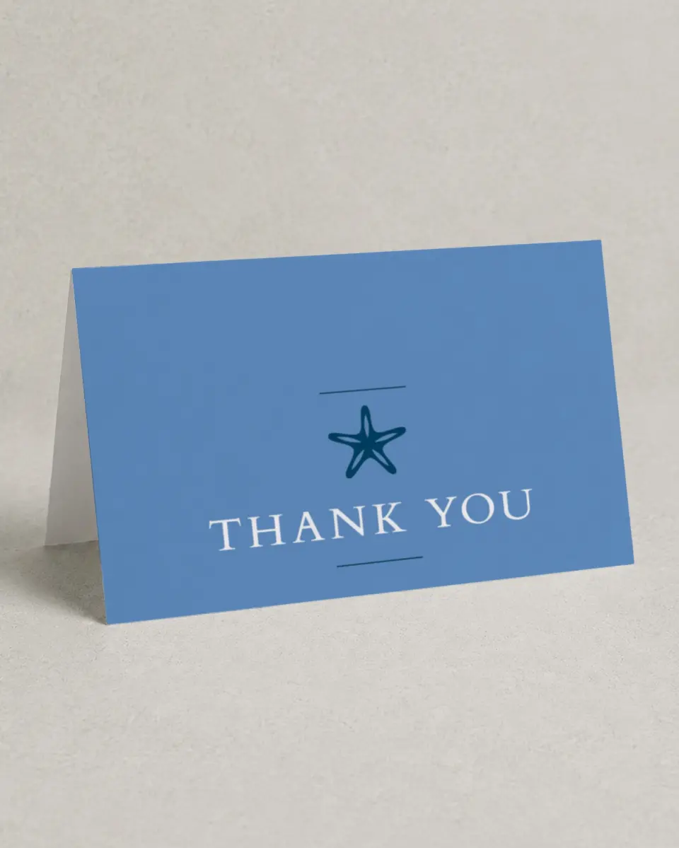 This is a 4" x 6" Folded Thank You Card called Beachcomber printed in full color with Silver foil on Luxe Satin (coated) paper