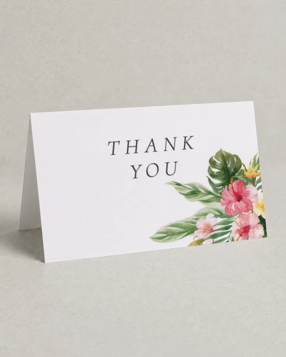 This is a 4" x 6" Folded Thank You Card called Paradise of Love printed in full color with Silver foil on Luxe Satin (coated) paper