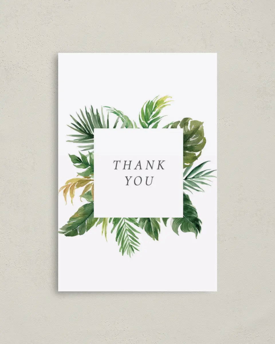 This is a 4" x 6" Folded Thank You Card called Beach Palms printed in full color on Premium Smooth paper