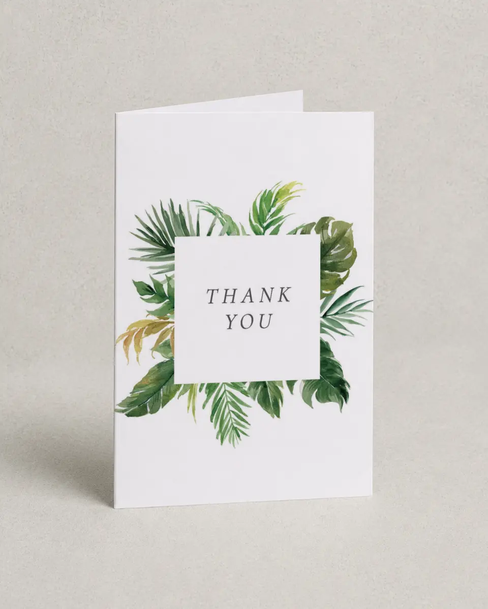 This is a 4" x 6" Folded Thank You Card called Beach Palms printed in full color on Premium Smooth paper
