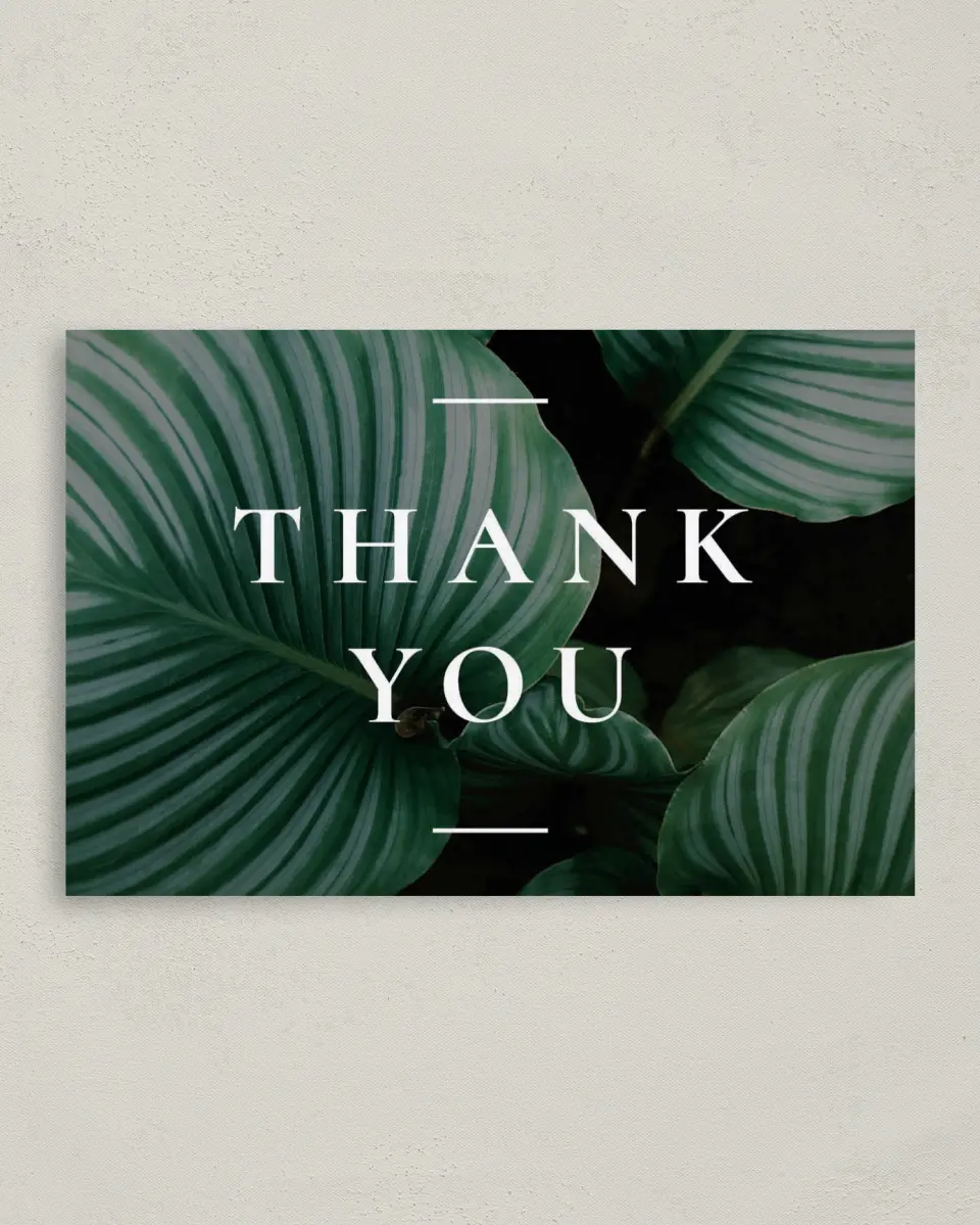 This is a 4" x 6" Folded Business Thank You Card called Tropical Thanks printed in full color on Premium Smooth paper