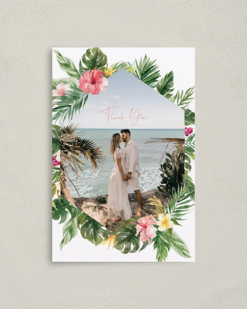 This is a 4" x 6" Folded Thank You Card called Perfect Paradise printed in full color on Premium Smooth paper