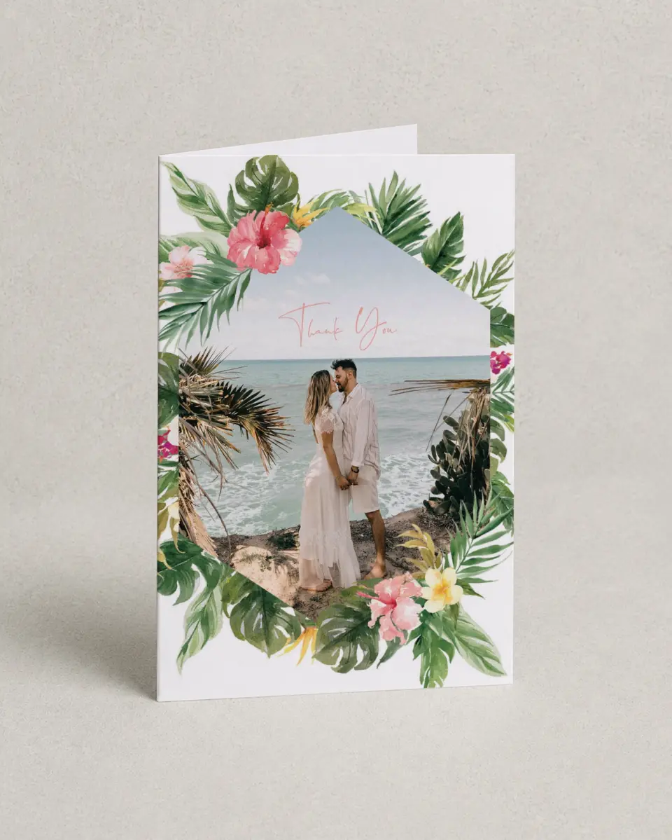 This is a 4" x 6" Folded Thank You Card called Perfect Paradise printed in full color with Silver foil on Luxe Satin (coated) paper