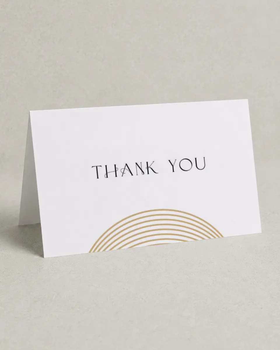 This is a 4" x 6" Folded Business Thank You Card called Golden Gala printed in full color