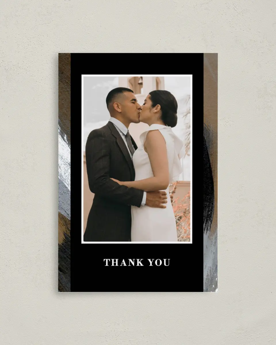 This is a 4" x 6" Folded Thank You Card called Moody Swashes printed in full color on Premium Smooth paper