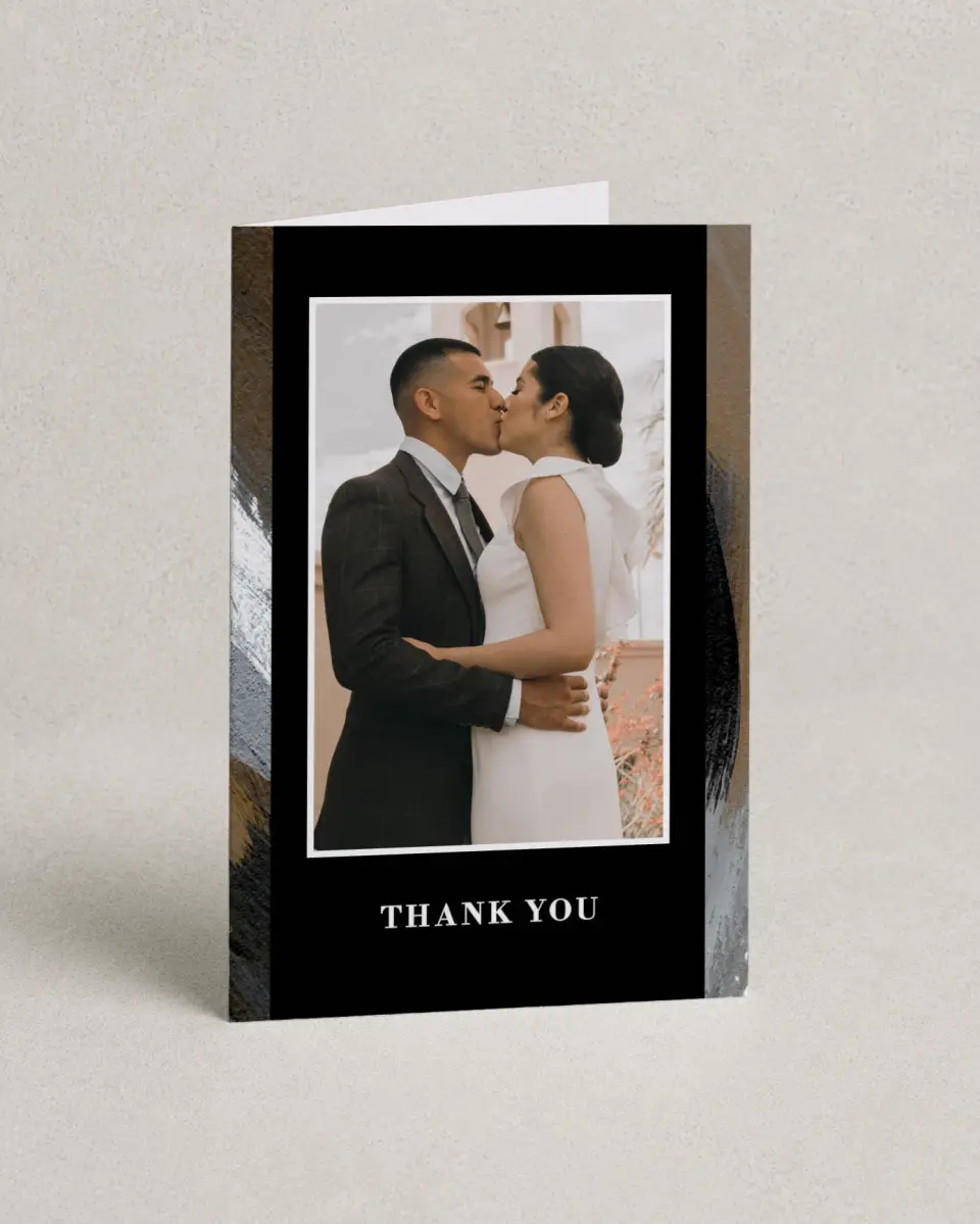 This is a 4" x 6" Folded Thank You Card called Moody Swashes printed in full color on Premium Smooth paper
