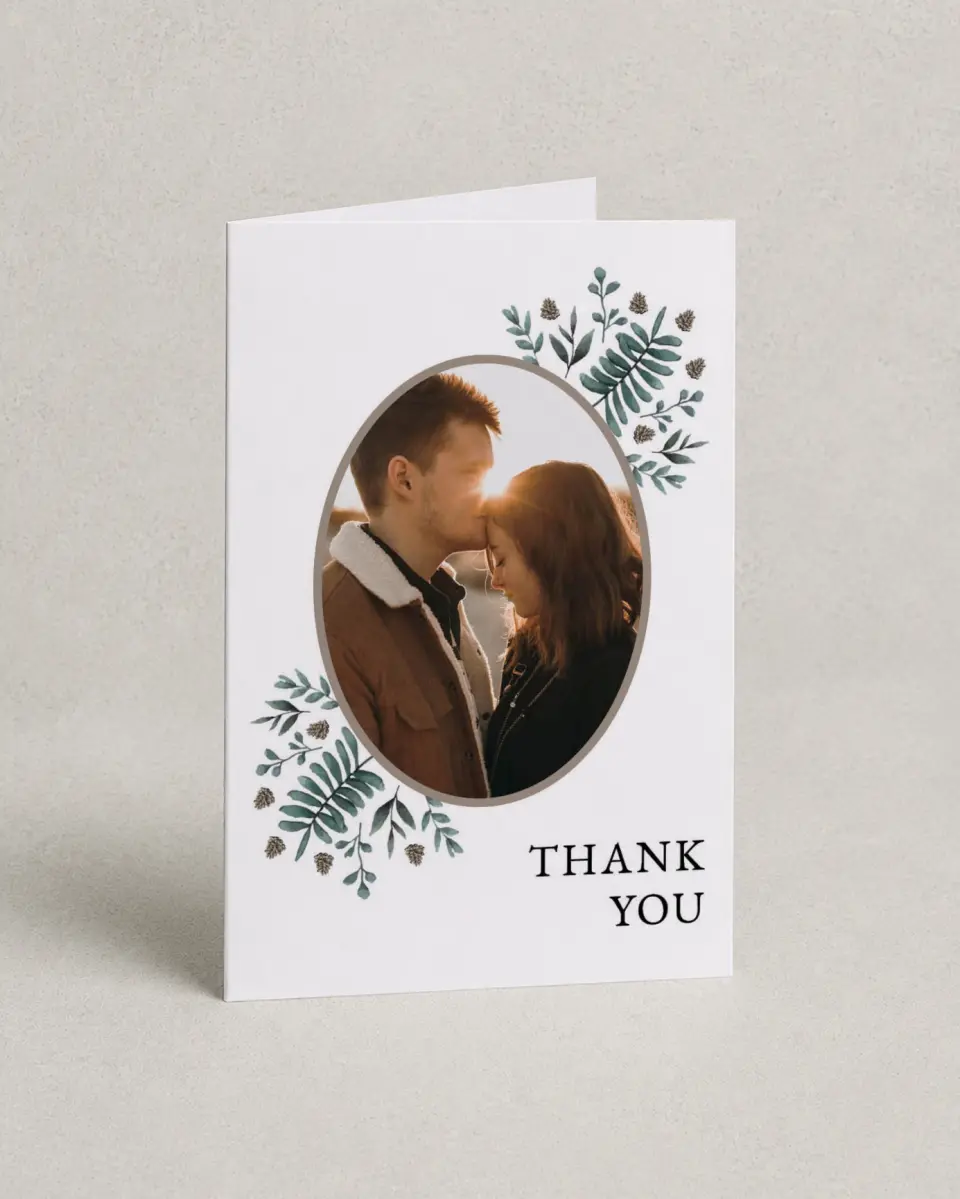 This is a 4" x 6" Folded Thank You Card called Pinecone Allure printed in full color on Premium Smooth paper