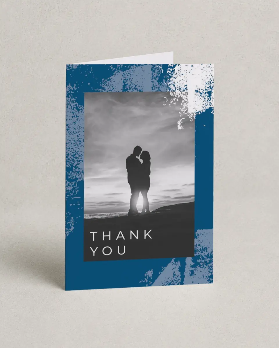 This is a 4" x 6" Folded Thank You Card called Set in Stone printed in full color with Silver foil on Luxe Satin (coated) paper