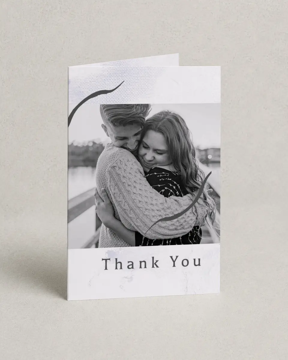 This is a 4" x 6" Folded Thank You Card called Gilded Marble printed in full color with Silver foil on Luxe Satin (coated) paper