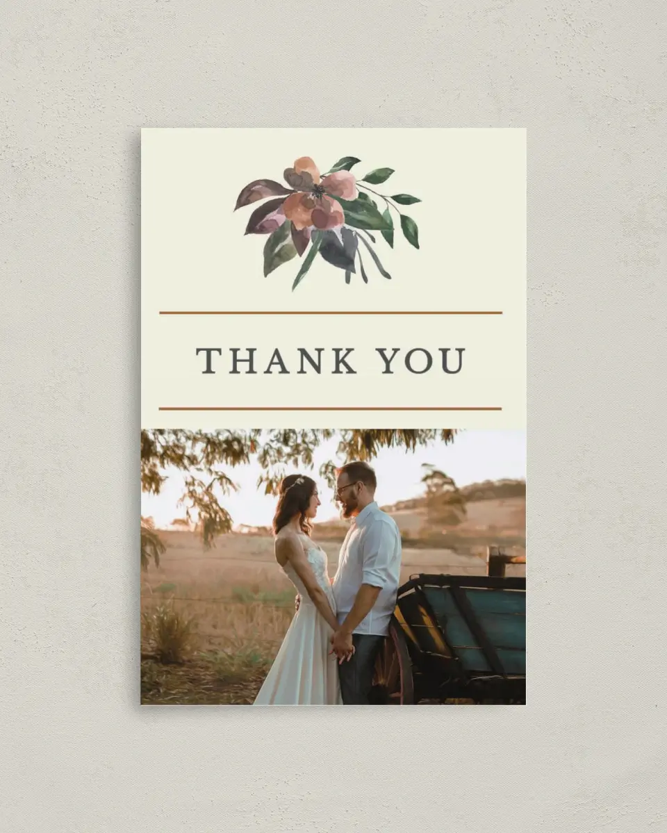 This is a 4" x 6" Folded Thank You Card called Golden Blooms printed in full color on Premium Smooth paper