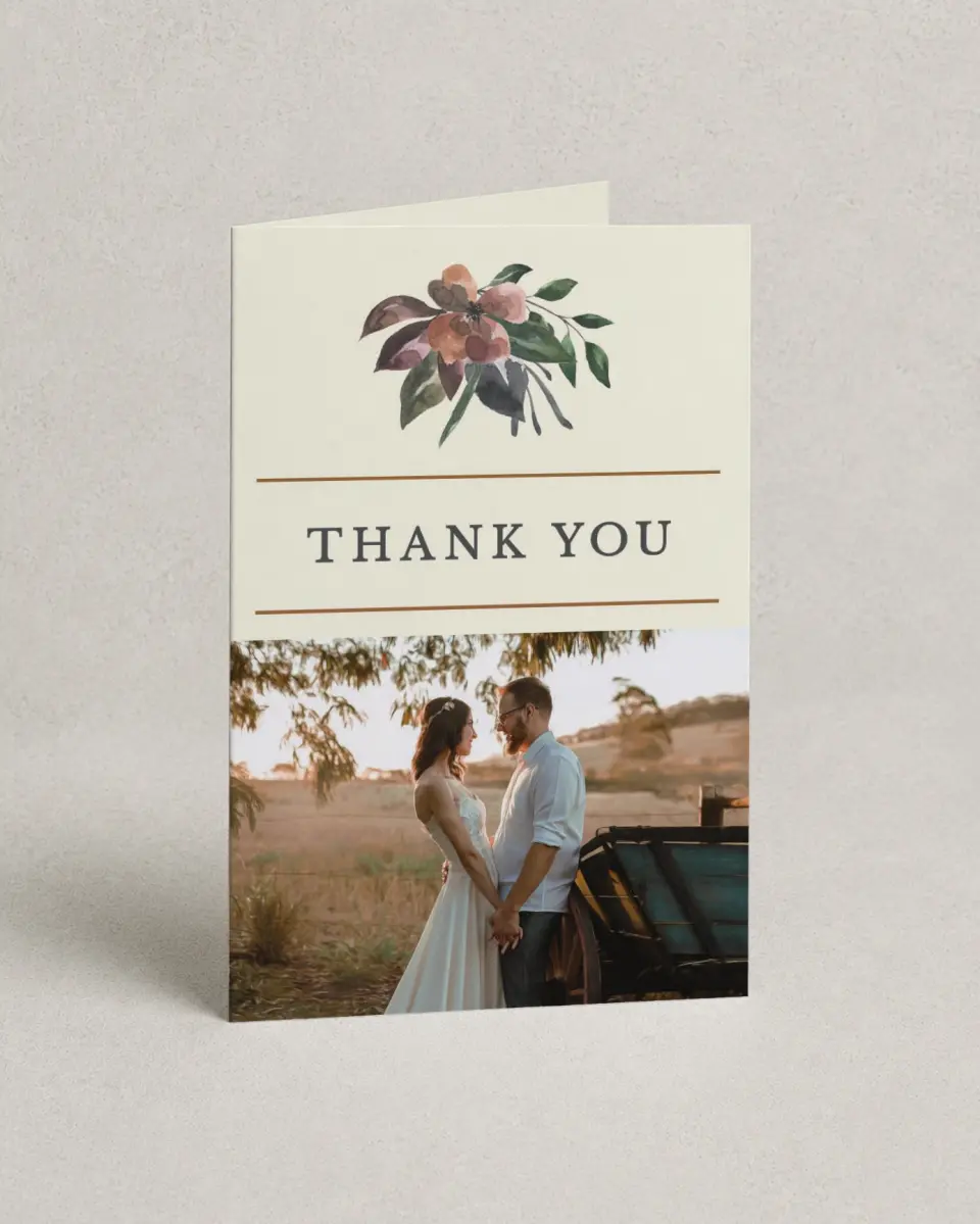 This is a 4" x 6" Folded Thank You Card called Golden Blooms printed in full color on Premium Smooth paper
