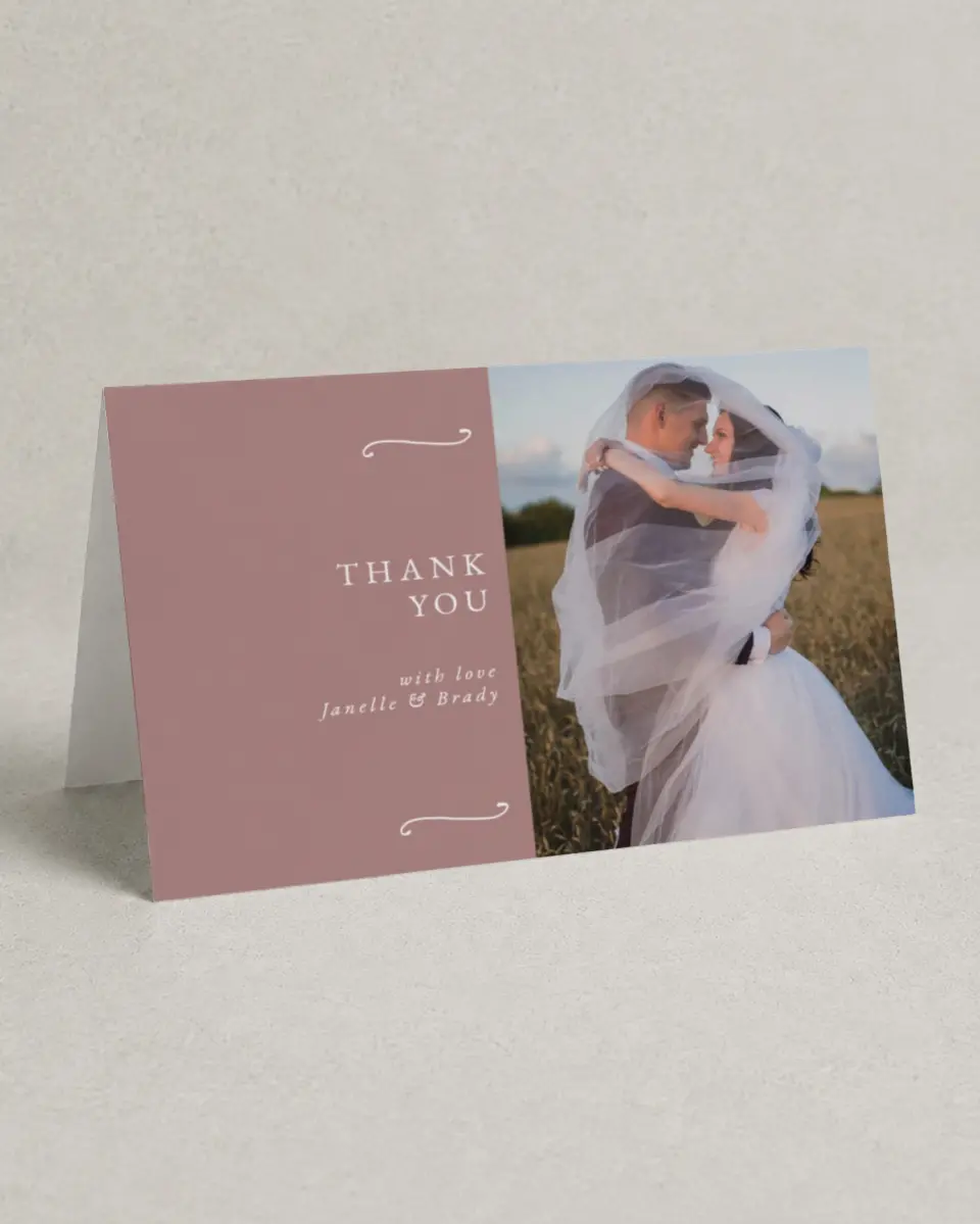 This is a 4" x 6" Folded Thank You Card called Modern Whisper printed in full color on Premium Smooth paper