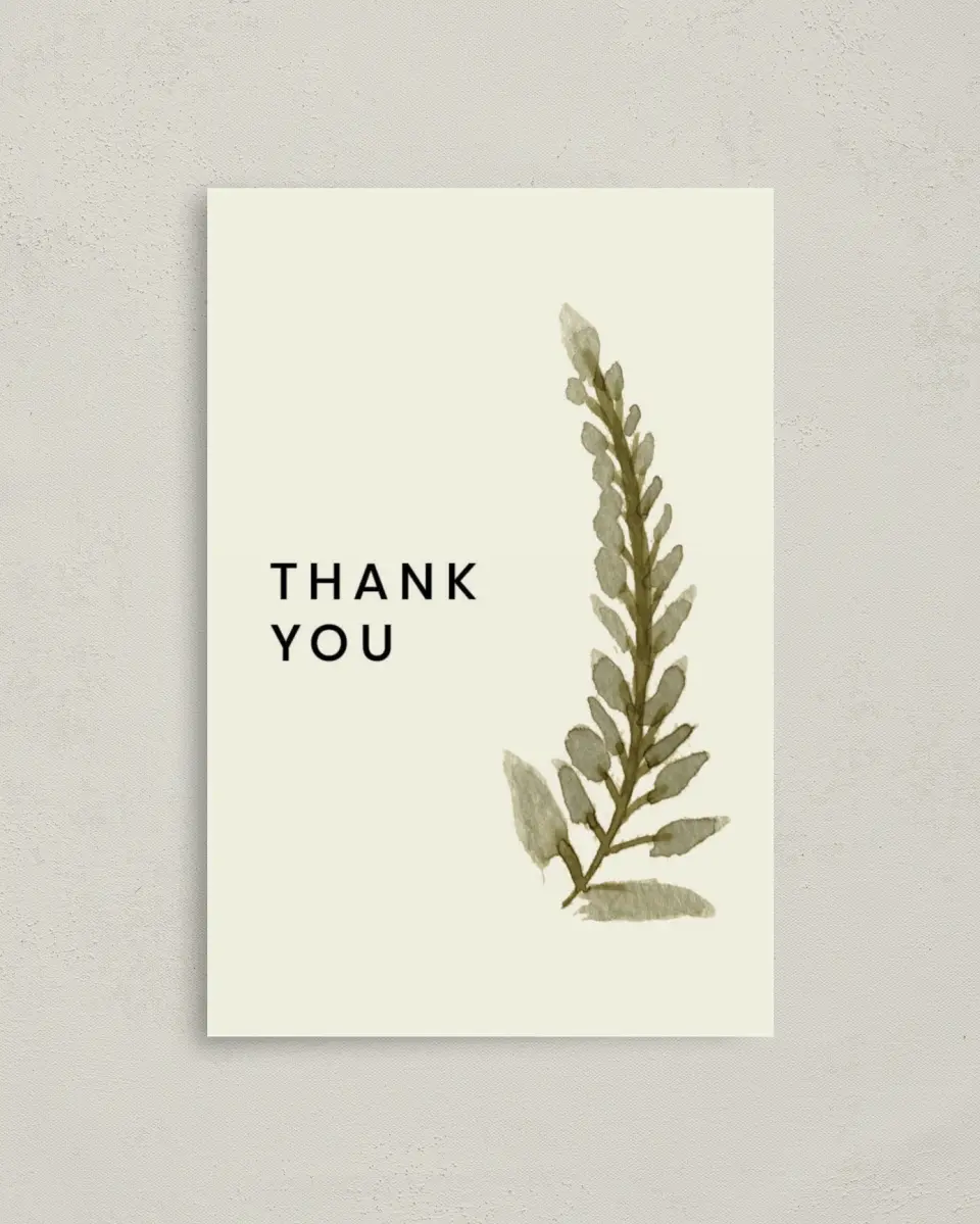 This is a 4" x 6" Folded Thank You Card called Faintly Fall printed in full color on Premium Smooth paper