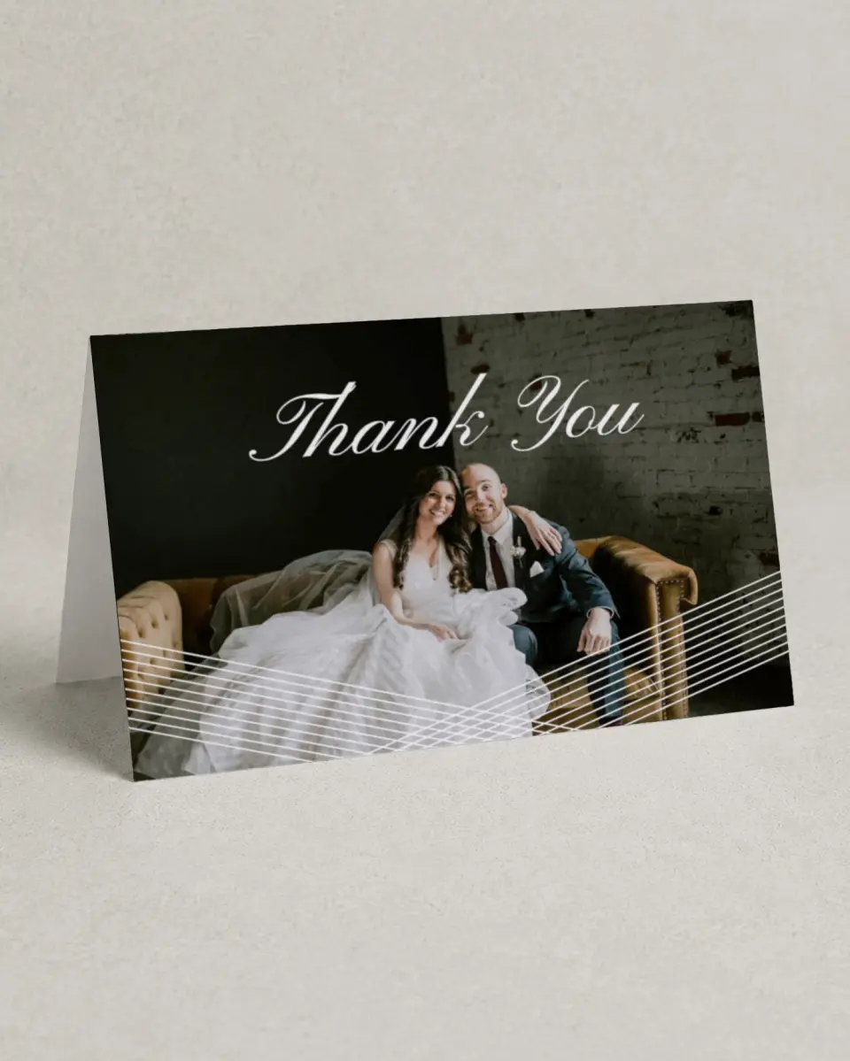 This is a 4" x 6" Folded Thank You Card called Dearest Lines printed in full color with Rose Gold foil on Luxe Satin (coated) paper