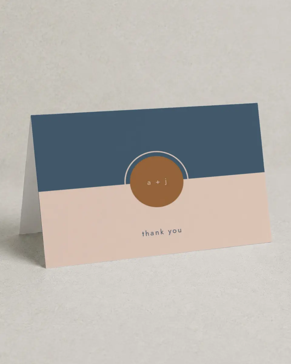 This is a 4" x 6" Folded Thank You Card called Our Beginning printed in full color with Gold foil on Luxe Satin (coated) paper