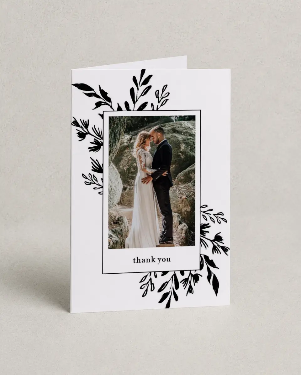 This is a 4" x 6" Folded Thank You Card called Stacked Squares printed in full color on Premium Smooth paper