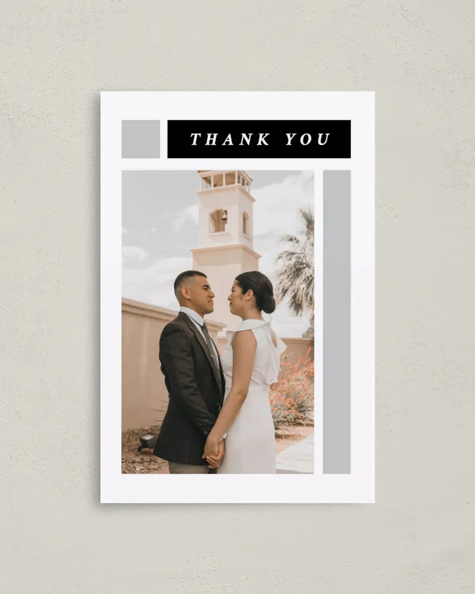 This is a 4" x 6" Folded Thank You Card called Framed Boxes printed in full color on Premium Smooth paper