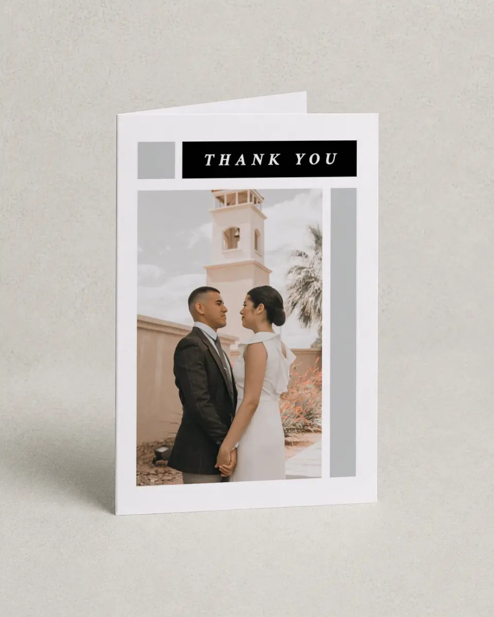 This is a 4" x 6" Folded Thank You Card called Framed Boxes printed in full color on Premium Smooth paper
