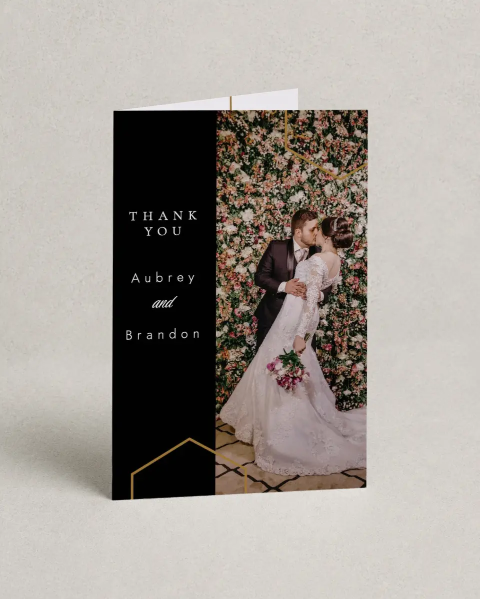 This is a 4" x 6" Folded Thank You Card called Love's Ribbon printed in full color with Silver foil on Luxe Satin (coated) paper