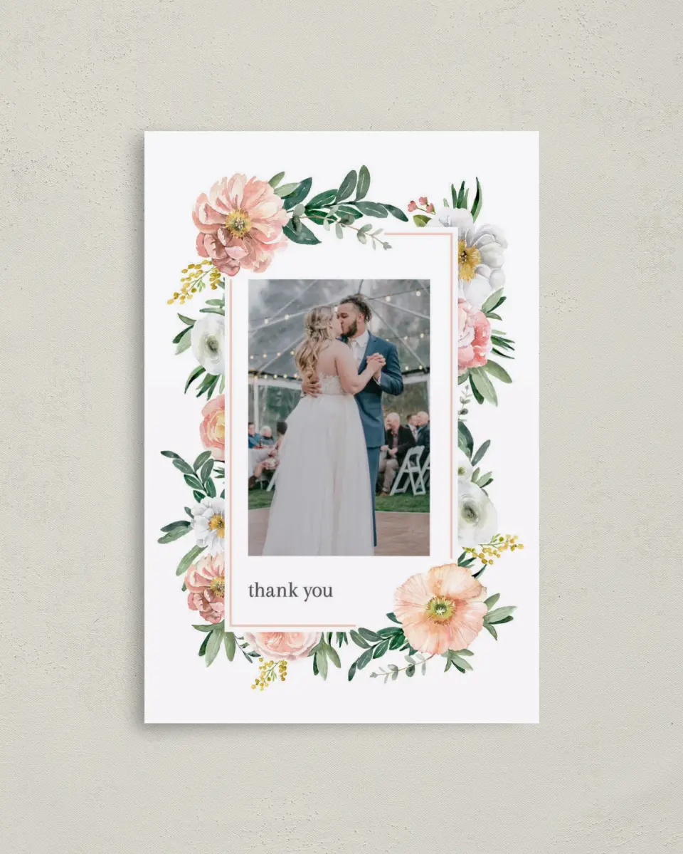 This is a 4" x 6" Folded Thank You Card called Delicate Florals printed in full color on Premium Smooth paper
