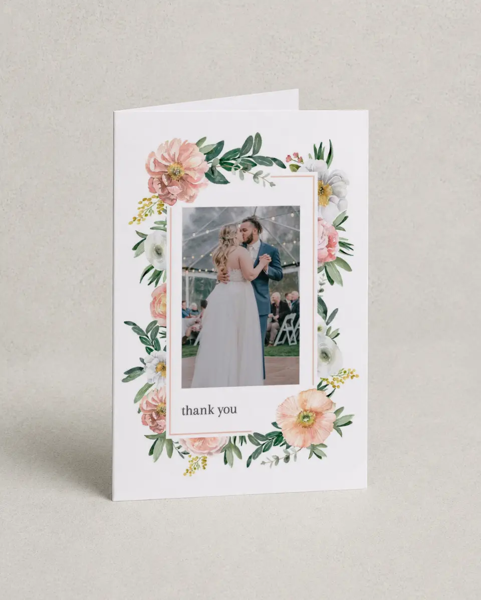 This is a 4" x 6" Folded Thank You Card called Delicate Florals printed in full color on Premium Smooth paper