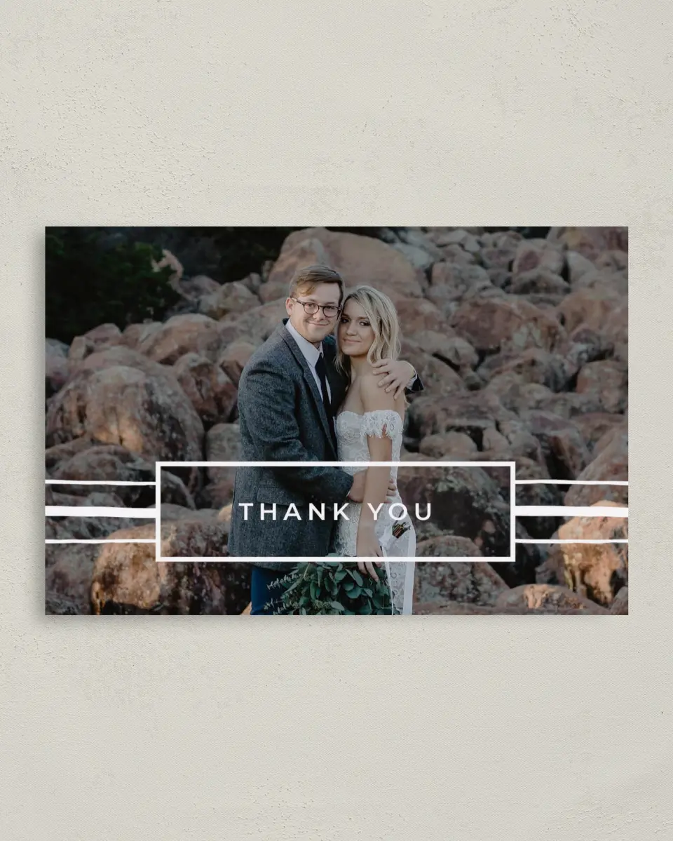 This is a 4" x 6" Folded Thank You Card called Love on the Line printed in full color with Rose Gold foil on Luxe Satin (coated) paper