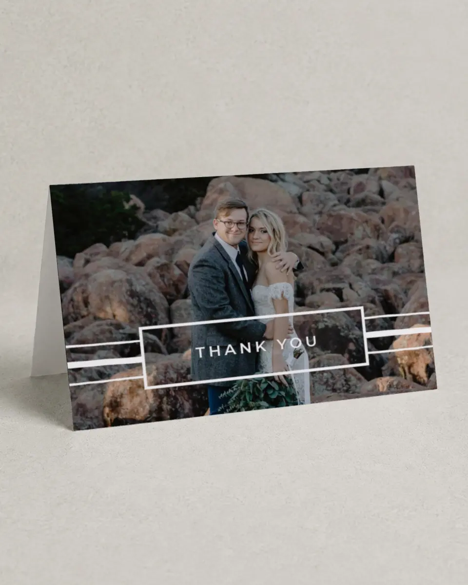 This is a 4" x 6" Folded Thank You Card called Love on the Line printed in full color on Premium Smooth paper