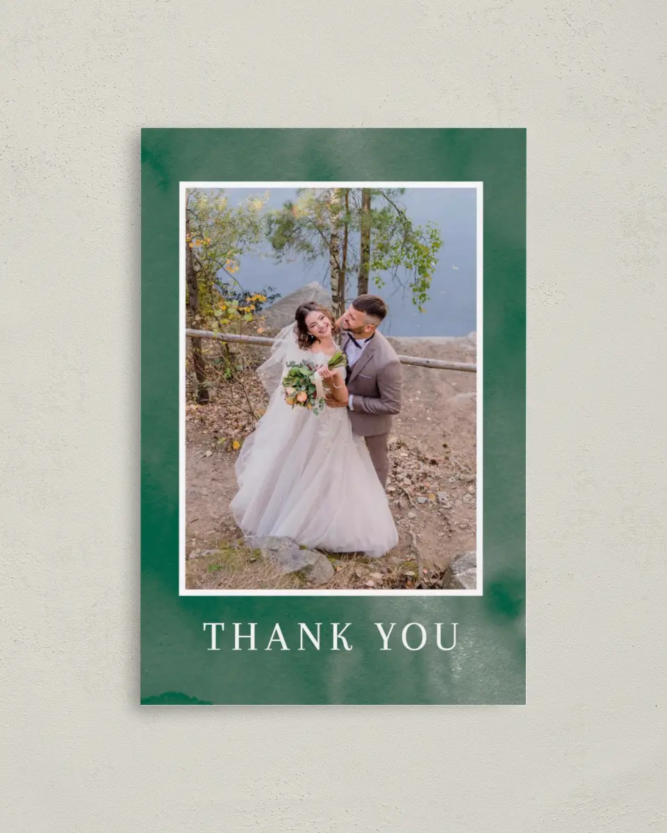 This is a 4" x 6" Folded Thank You Card called Ethereal Evergreens printed in full color on Premium Smooth paper