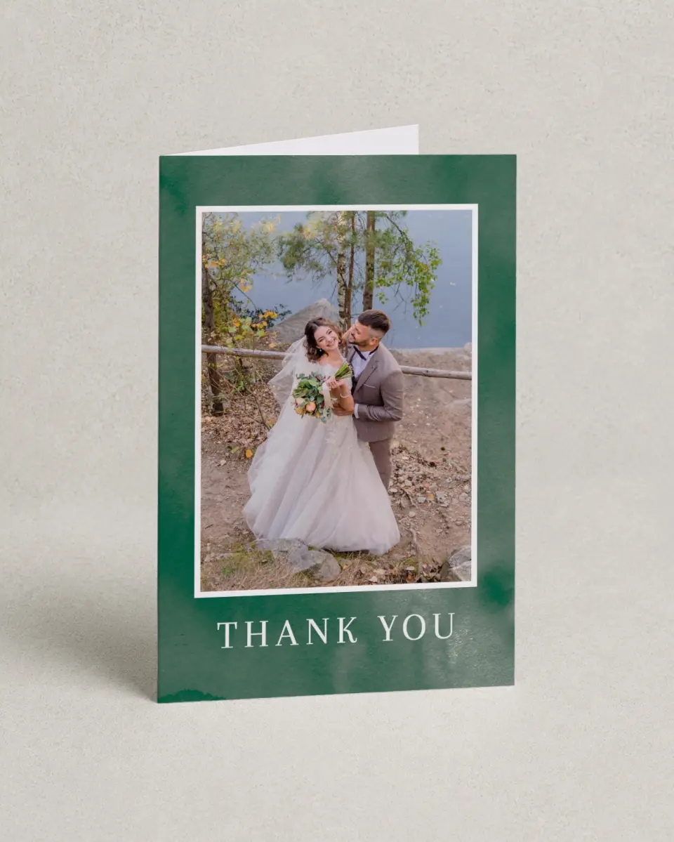 This is a 4" x 6" Folded Thank You Card called Ethereal Evergreens printed in full color on Premium Smooth paper