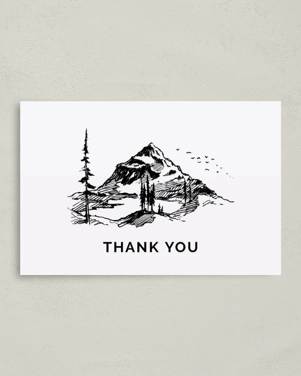 This is a 4" x 6" Folded Thank You Card called Mountain Romance printed in full color on Premium Smooth paper