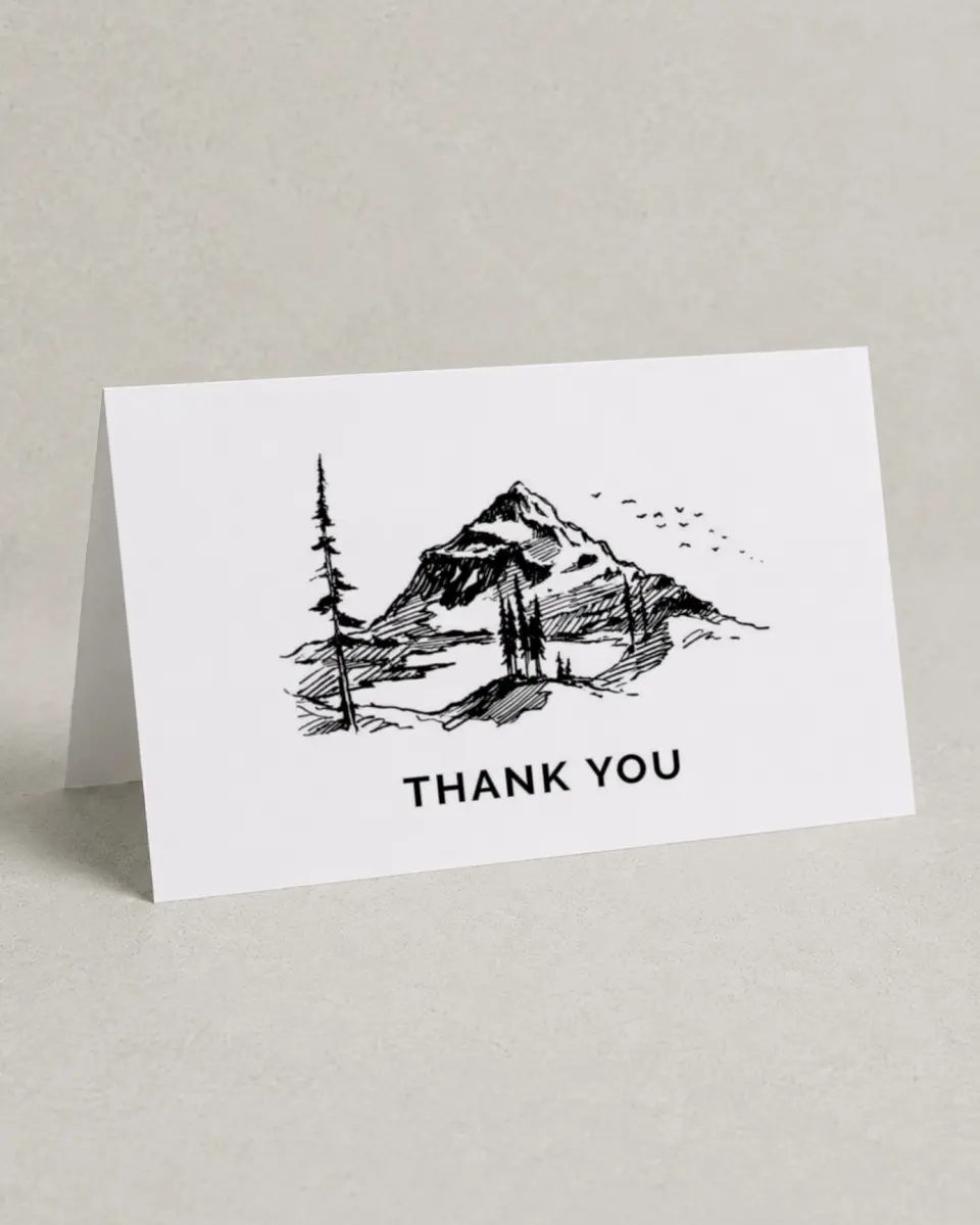 This is a 4" x 6" Folded Thank You Card called Mountain Romance printed in full color on Premium Smooth paper