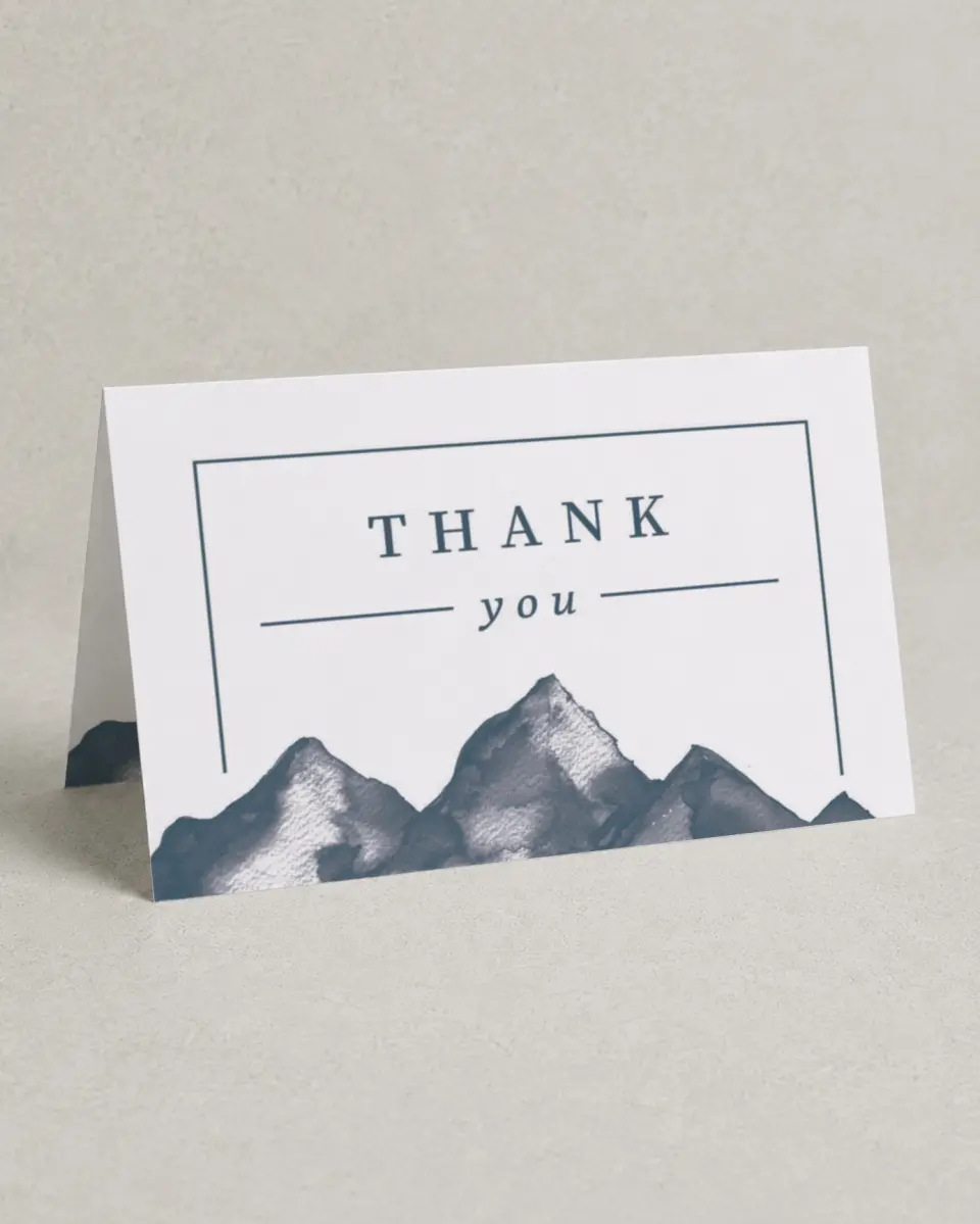 This is a 4" x 6" Folded Thank You Card called Perfect Peak printed in full color on Premium Smooth paper