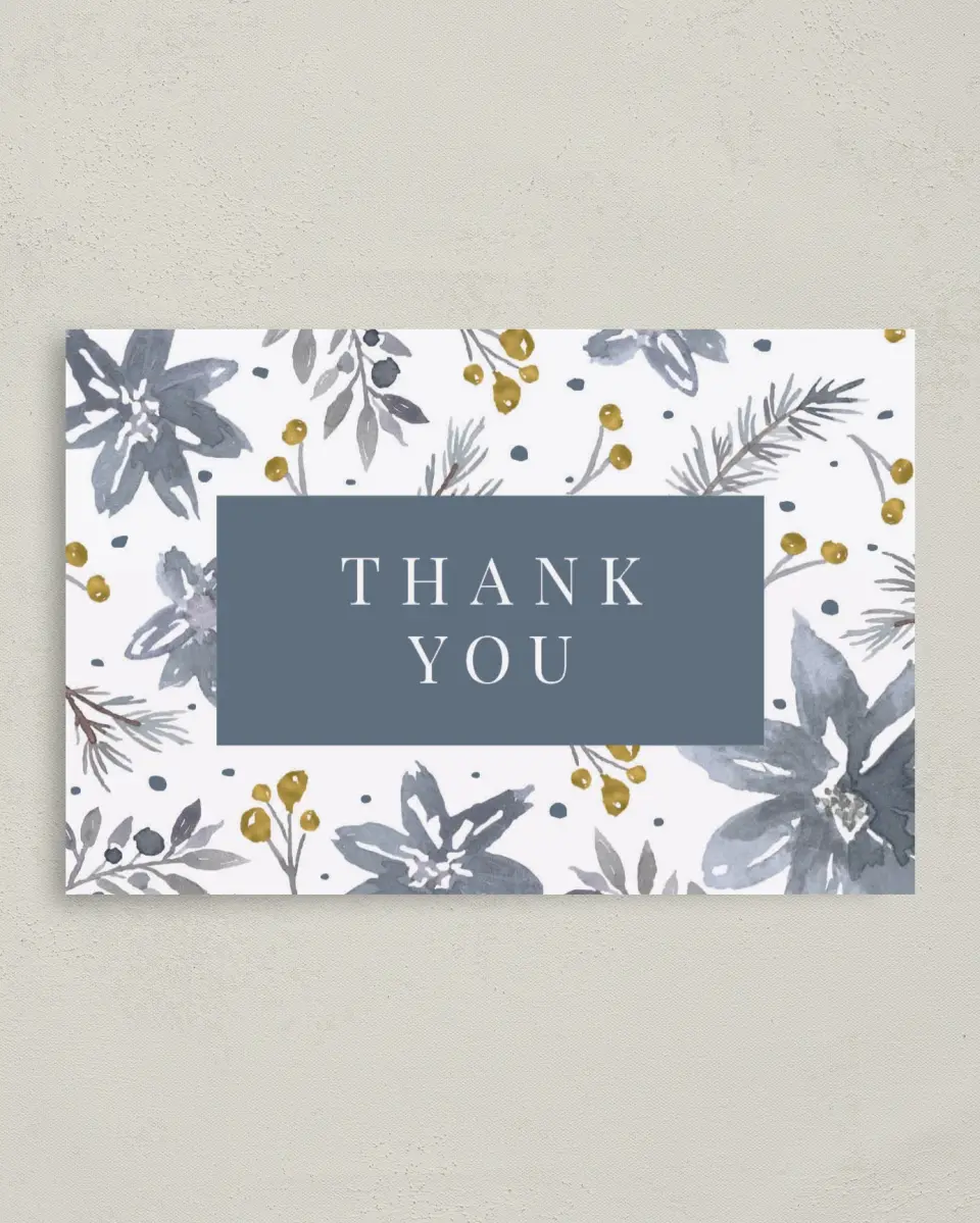 This is a 4" x 6" Folded Thank You Card called Winter Floral printed in full color on Premium Smooth paper