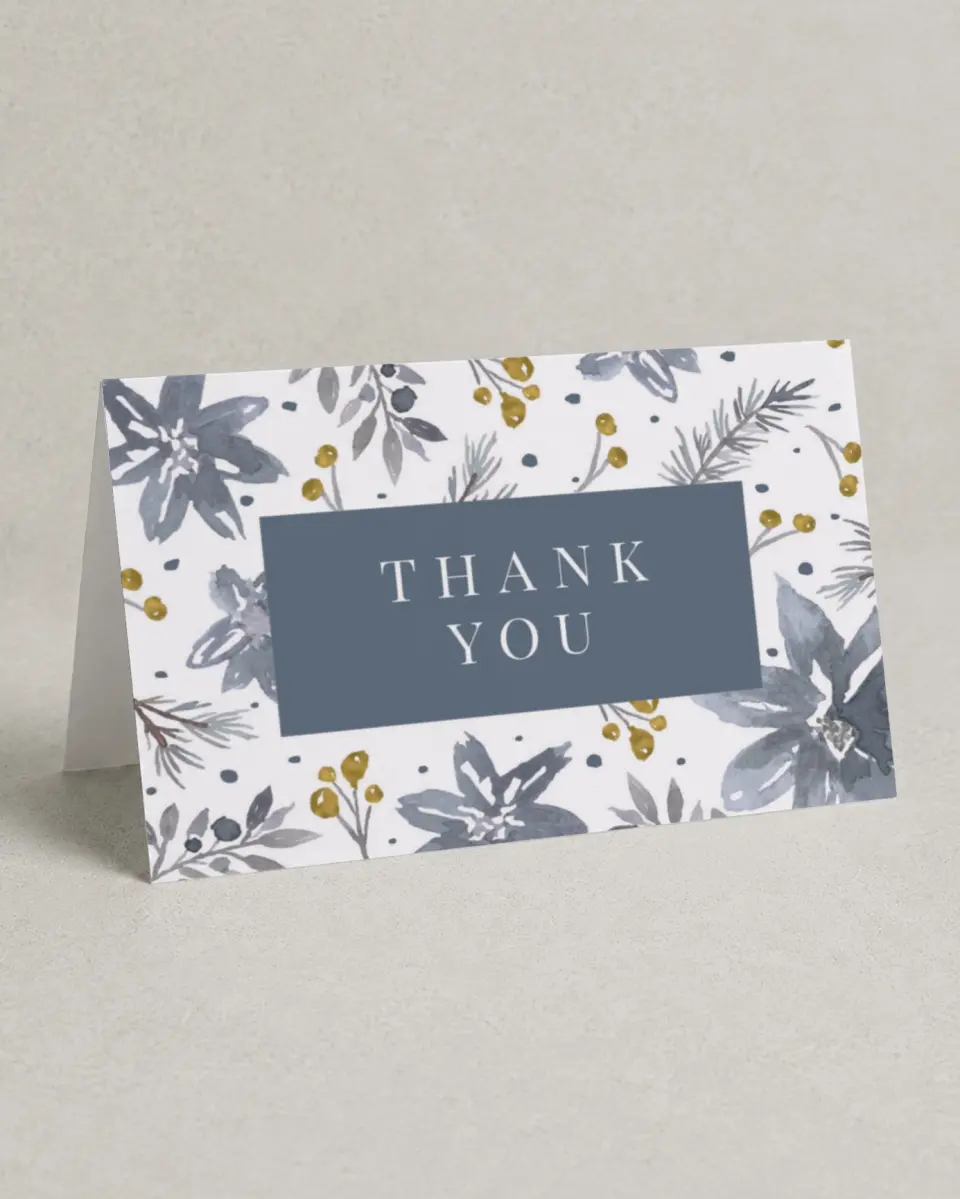 This is a 4" x 6" Folded Thank You Card called Winter Floral printed in full color on Premium Smooth paper