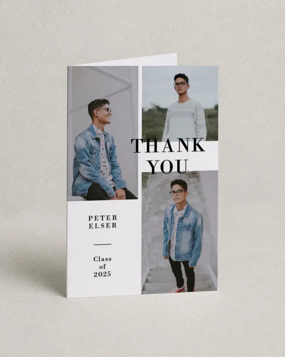 This is a 4" x 6" Folded Graduation Thank You Card called Stacked Honor printed in full color with Gold foil on Luxe Satin (coated) paper