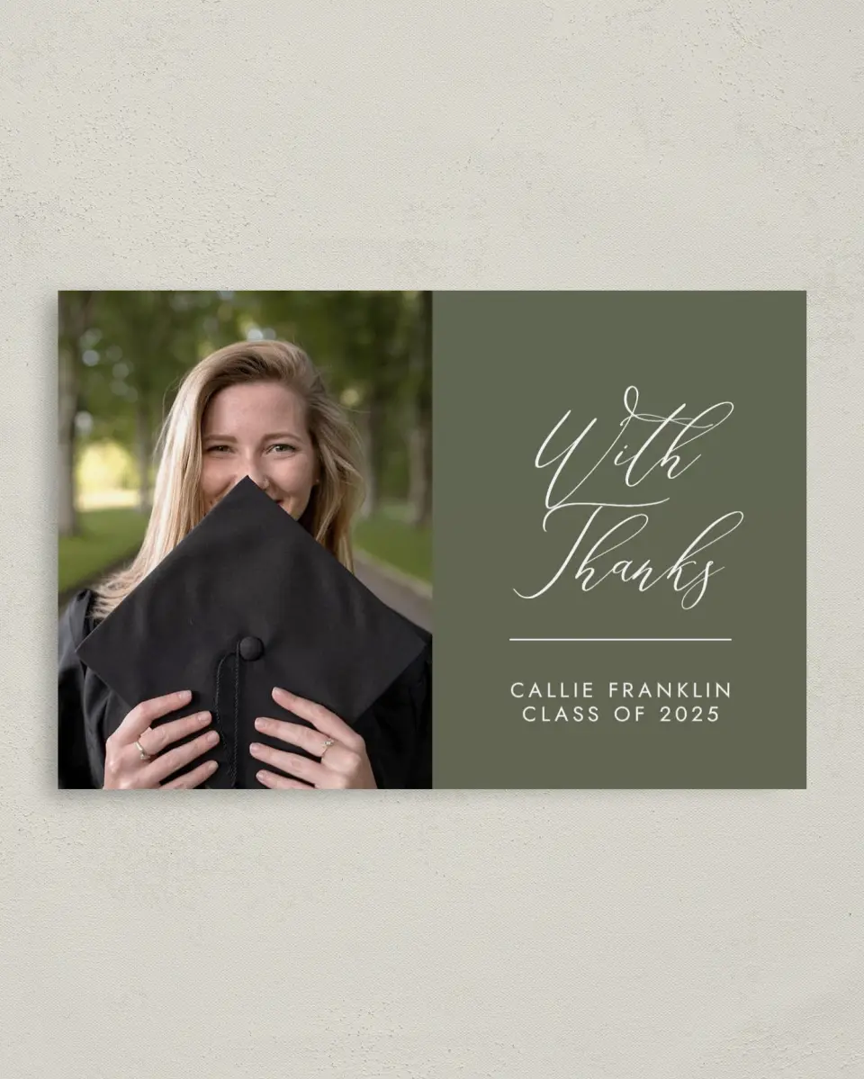 This is a 4" x 6" Folded Graduation Thank You Card called Formal Degree printed in full color on Premium Smooth paper