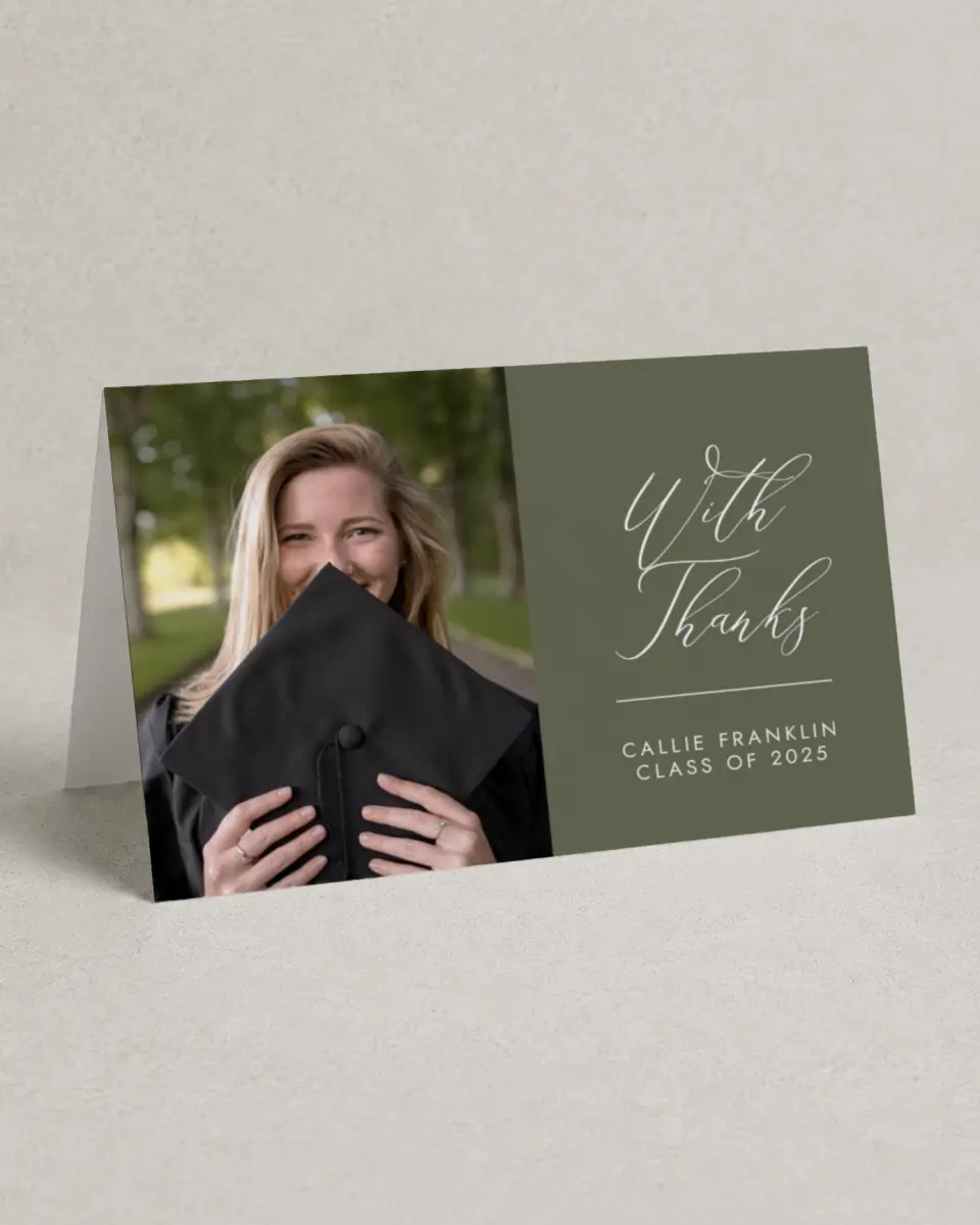 This is a 4" x 6" Folded Graduation Thank You Card called Formal Degree printed in full color on Premium Smooth paper