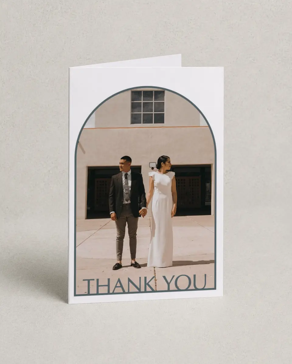 This is a 4" x 6" Folded Thank You Card called Mod Shapes printed in full color with Rose Gold foil on Luxe Satin (coated) paper