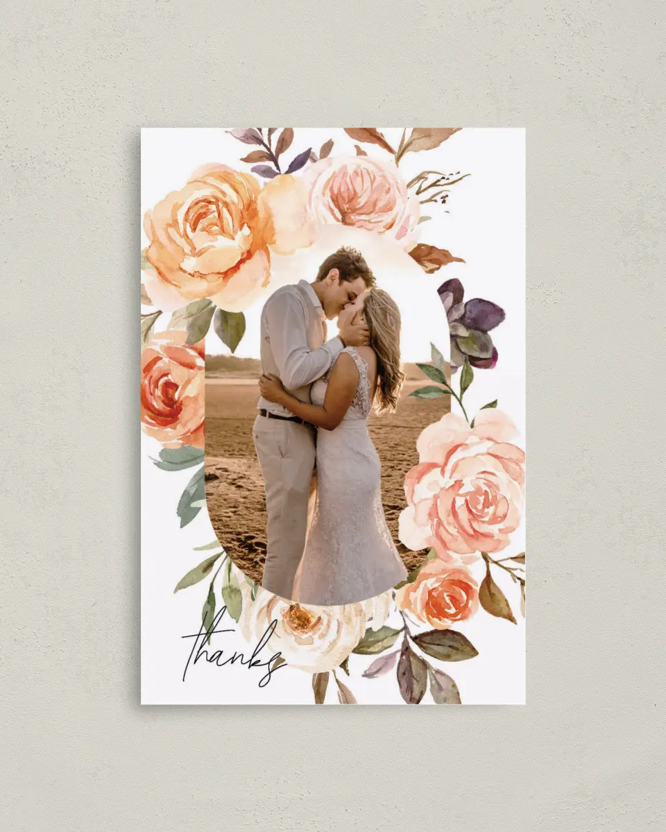This is a 4" x 6" Folded Thank You Card called Romantic Garden printed in full color on Premium Smooth paper
