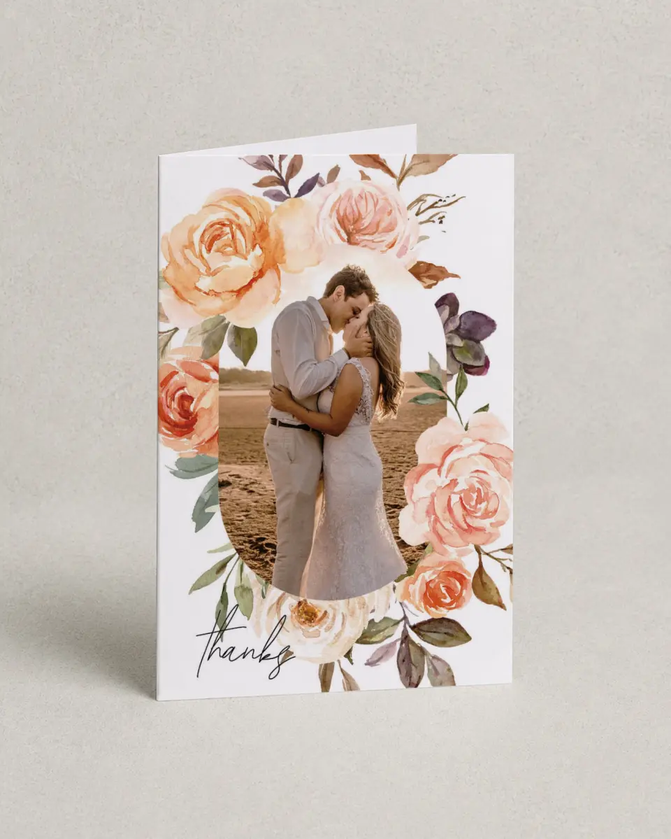 This is a 4" x 6" Folded Thank You Card called Romantic Garden printed in full color on Premium Smooth paper