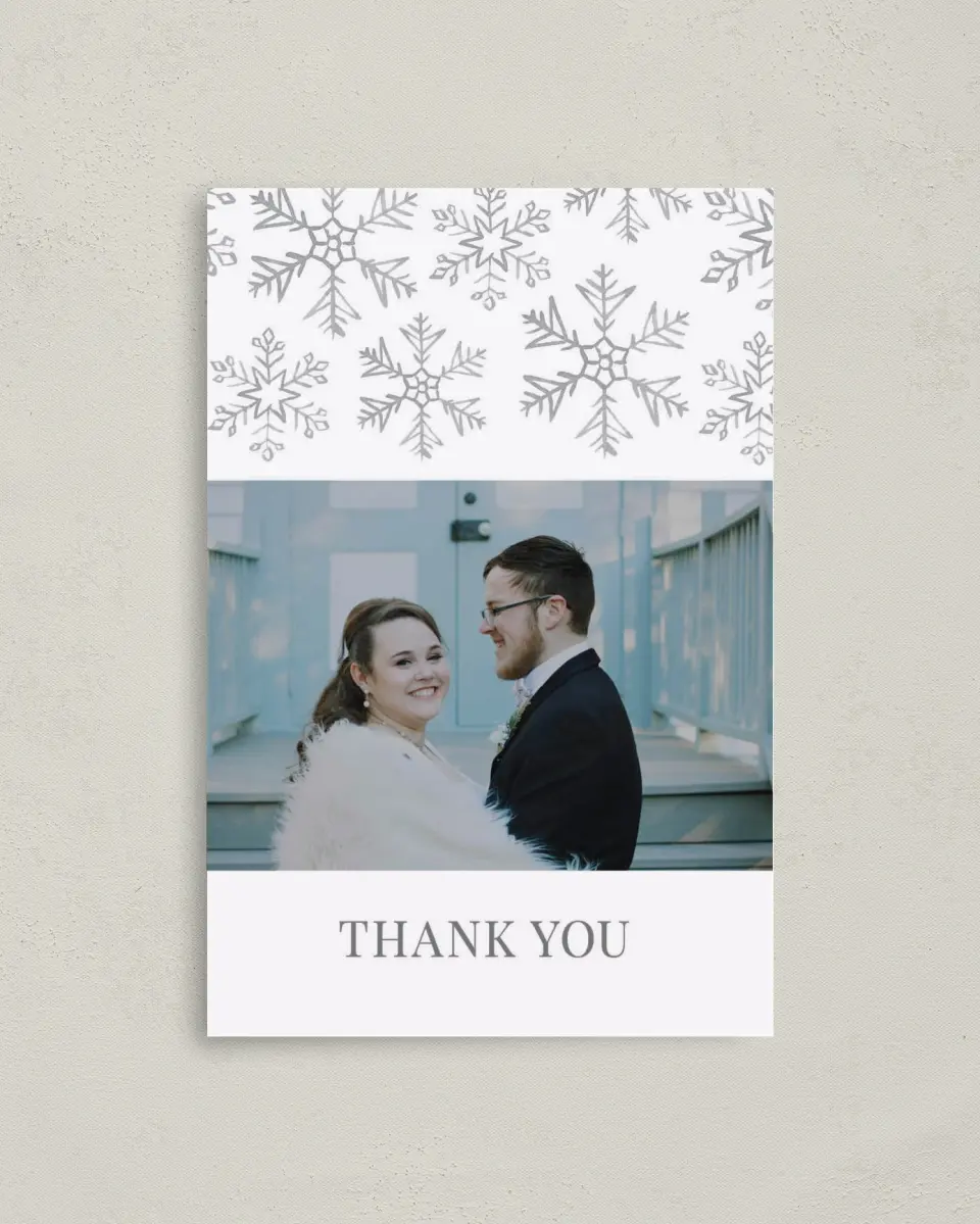 This is a 4" x 6" Folded Thank You Card called Sweet Snowflakes printed in full color on Premium Smooth paper