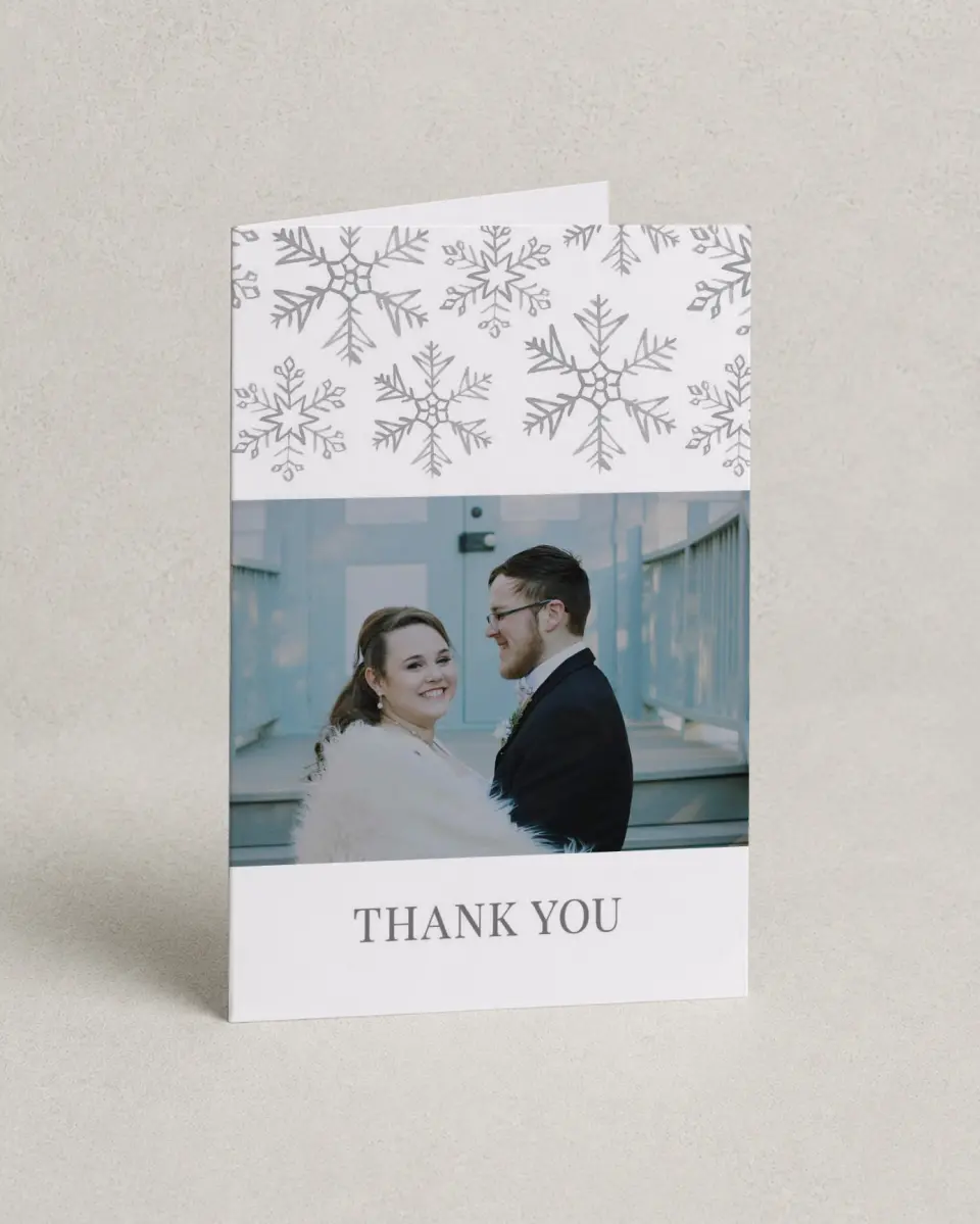 This is a 4" x 6" Folded Thank You Card called Sweet Snowflakes printed in full color on Premium Smooth paper
