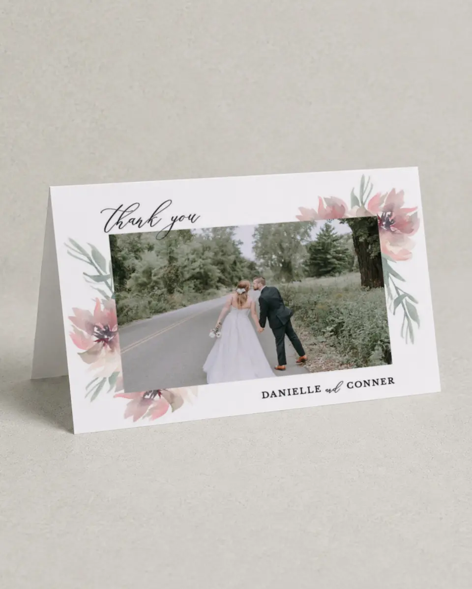This is a 4" x 6" Folded Thank You Card called Soft Florals printed in full color on Premium Smooth paper