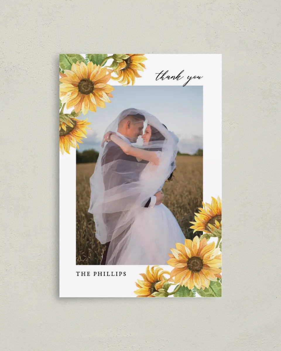 This is a 4" x 6" Folded Thank You Card called Sunflower Bliss printed in full color on Premium Smooth paper