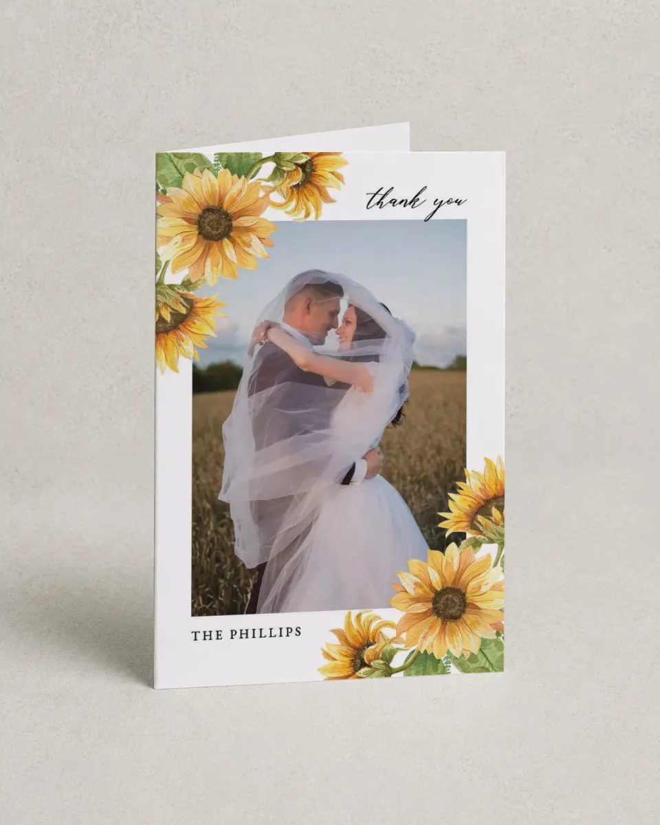 This is a 4" x 6" Folded Thank You Card called Sunflower Bliss printed in full color on Premium Smooth paper