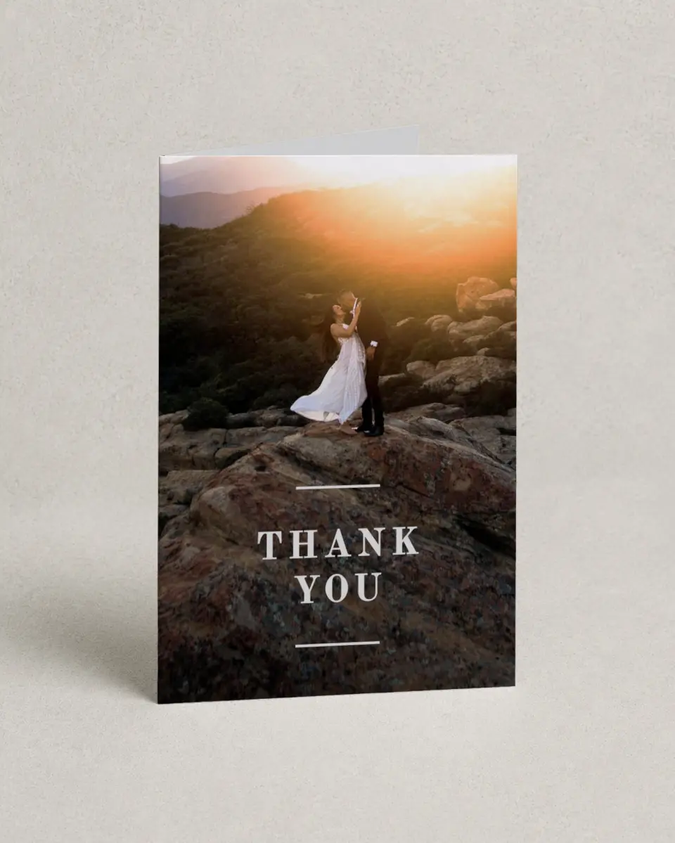 This is a 4" x 6" Folded Thank You Card called Glory Day printed in full color with Silver foil on Luxe Satin (coated) paper
