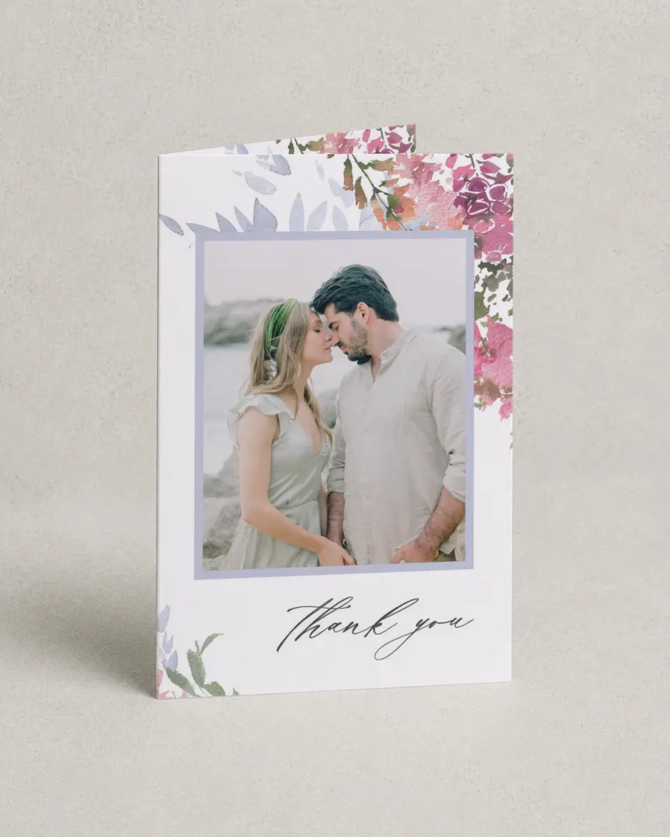 This is a 4" x 6" Folded Thank You Card called Blushing Bouquet printed in full color on Premium Smooth paper